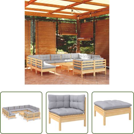 Terrassensofa - 12-tlg. Garten-Lounge-Set mit Grauen Kissen Kiefer Massivholz (1/5)
