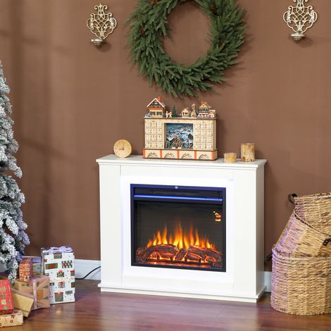 Chimenea eléctrica de 1000W/2000W con efecto de llama artificial, 12 colores y 5 niveles de brillo ajustables, 98x25x80cm, blanca.