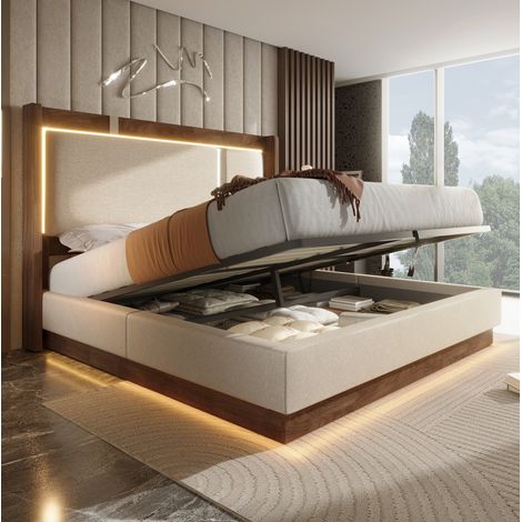 Lit coffre 180x200 cm avec LED et coffre de rangement hydraulique, sommier à lattes, lin beige et bois noyer (1/5)