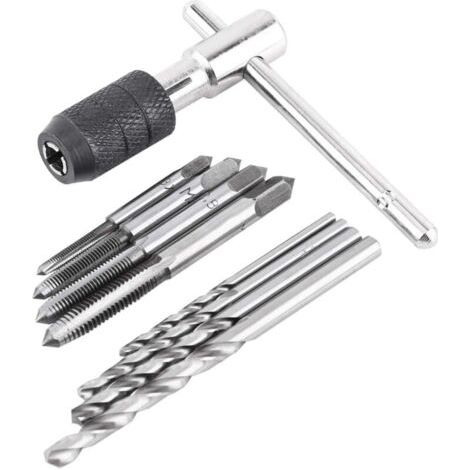 Juego de 9 piezas de machos de roscar, 1 llave para machos de roscar en forma de T, 4 machos de roscar y 4 brocas helicoidales, juego de llaves para machos de roscar de acero para rodamientos de alta 
