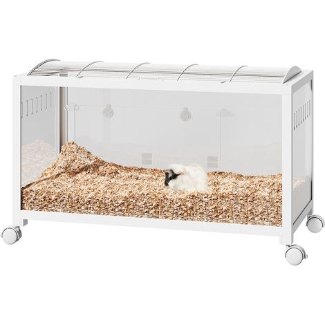 Cage pour petit animal large taille en métal blanc et acrylique transparent – Ventilation helloérieure, porte frontale, toit ouvrant, sur roulettes – Facile à déplacer, modèle empilable – Pour hamster