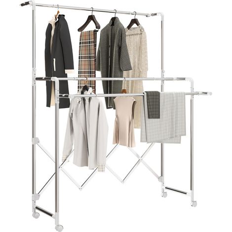 3 Barres Réglables Séchoir à Linge Pliable pour Séchage Vêtements Lourds Étendoir Vertical Acier Inox sur Roulettes (1/5)