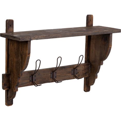 Perchero de pared de madera y metal con 3 ganchos 61x18.5x41.5h cm