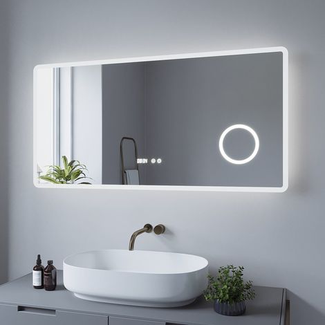 LED Badspiegel mit Beleuchtung Touch Sensor Wandspiegel Lichtspiegel Badezimmerspiegel 120x60cm Kosmetikspiegel mit Digital Uhr Dimmbar Spiegelheizung Kaltweiß 6400K AQUALAVOS BORAS Typ-D abgerundete (1/5)