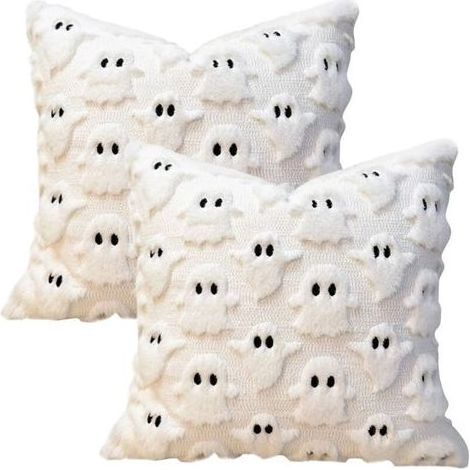 Taies d'oreiller d'Halloween - Motif fantôme - Taie d'oreiller décorative - Décoration intérieure - Décoration saisonnière - Pour salon et chambre - Blanche - 45 x 45 cm - Lot de 2 (1/4)