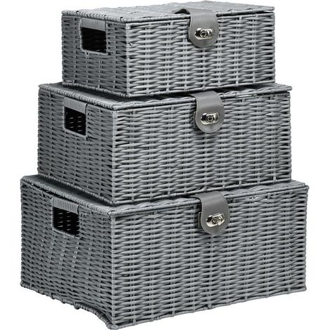 SET DI 3 CESTI IN VIMINI PP CON COPERCHIO DI DIVERSE DIMENSIONI. GRIGIO (1/5)