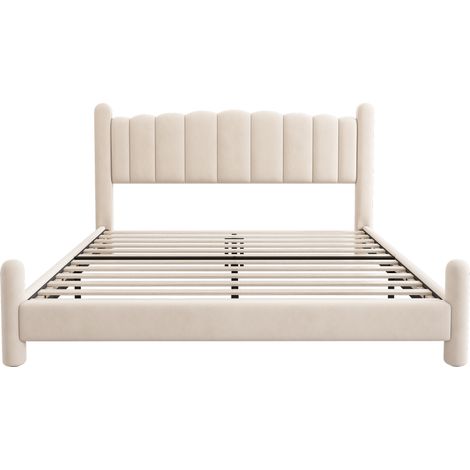 Cama tapizada 180 x 200 cm con somier de láminas y cabecero de terciopelo beige (1/5)