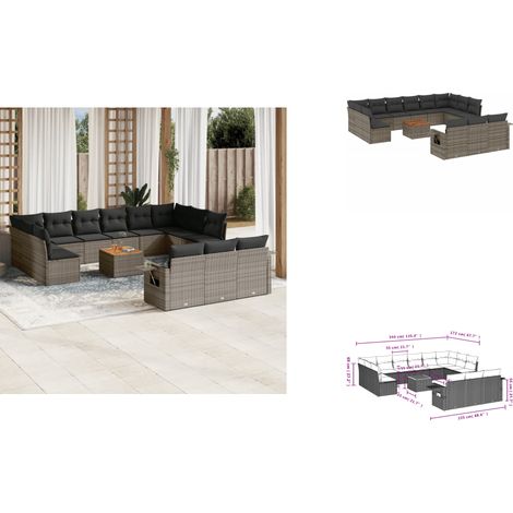 14-tlg. Garten-Sofagarnitur mit Kissen Grau Poly Rattan - Gartenmöbel - Esszimmergarnituren - Outdoor Möbel - Lounge Set - Rattan Gartenmöbel