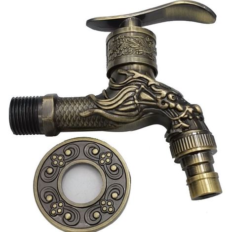 Robinet rétro en alliage de zinc de 1/2 pouce avec base décorative et embout d'eau froide unique sculpté à motif dragon pour extérieur (1/4)