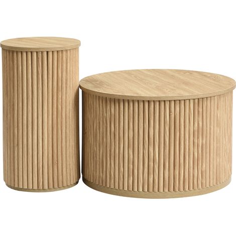 Set de 2 tables basses rondes en MDF naturel avec motif rayures 3D (1/5)
