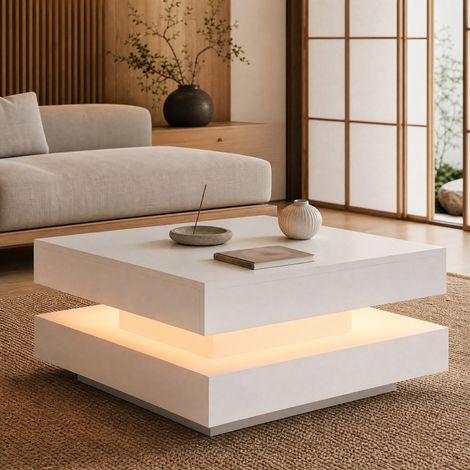 Table basse 70x70x36 cm blanche brillante, plateau rotatif LED, panneaux de particules MEUBLIV (1/5)