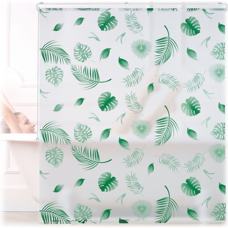 Relaxdays Shower Roller Blind, Leaf Pattern, Flexible Mounting, Pull-up Curtain for Bath & Window, HxW: 140x240cm, Green