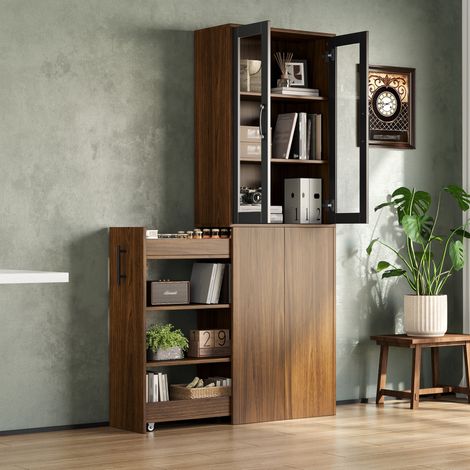 Meuble de cuisine étroit 60 x 30 x 180 cm avec portes vitrées et chariot amovible, MDF (1/5)