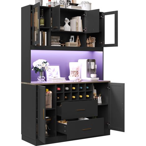Aparador de Cocina Alto con 6 Puertas 2 Cajones LED y Enchufes USB para Cocina en MDF y Metal Negro 120x36,3x180 cm (1/5)
