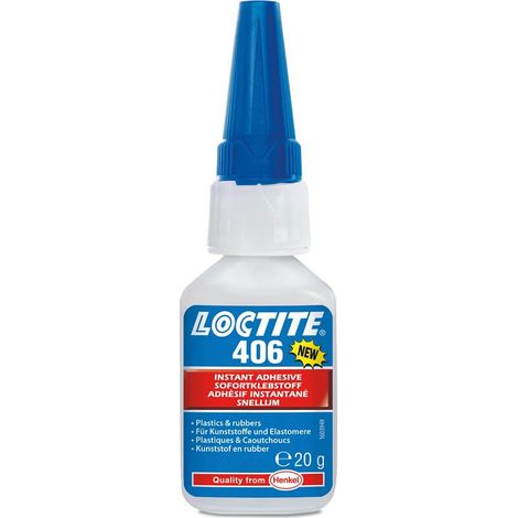Adhesivo instantáneo universal Loctite 406 de 20 ml, de muy baja viscosidad, para una unión ultrarrápida de plásticos, caucho y otros elastómeros.