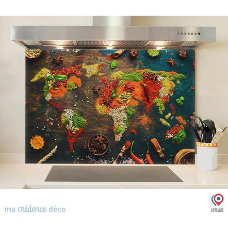 Fond de hotte : Epices et carte du monde 2 - Verre trempé - 90 cm - 60 cm (1/5)