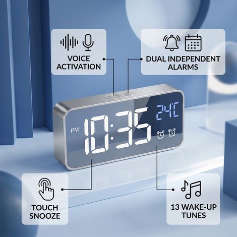 Réveil miroir LED avec commande vocale, 13 sonneries de réveil, double alarme, fonction snooze, batterie rechargeable 1200 mAh, affichage 12/24 h °C/°F, commande tactile, idéal pour la chambre, le sal (1/5)