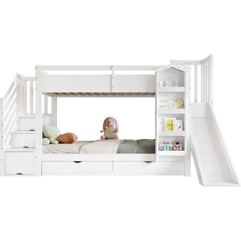 Lit mezzanine enfant 90x200 cm avec toboggan, rangements, blanc