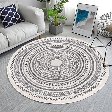 Tapis rond en coton gris tissé à la main avec franges, 120 cm, style marocain, imprimé, absorbant et lavable, idéal pour le salon, la buanderie, la salle de jeux, la cuisine et la chambre. (1/4)