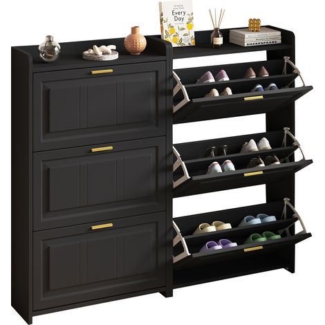 Schuhschrank mit 3 Klapptüren und 6 Fächern, mit Schublade, für Flur, aus MDF und Spanplatte, Schwarz (1/2)