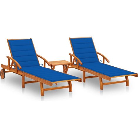 Sonnenliegen 2 Stk. mit Tisch und Auflagen Massivholz Akazie