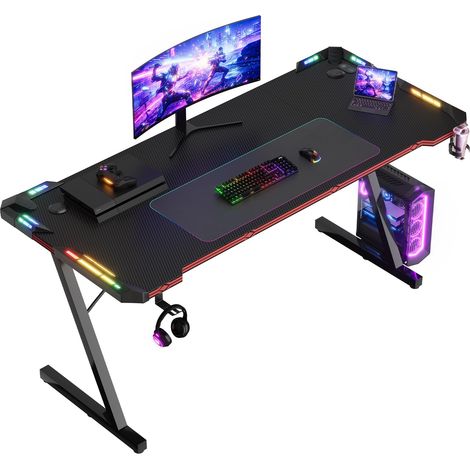 Bureau Gaming 160x60cm, Carbone Anti-Rayures, LED, Noir (1/5)