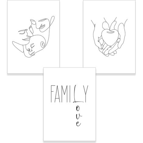Line Art Lot de 3 tableaux muraux Family, Décoration moderne pour chambre de bébé, chambre d'enfant, Décoration murale avec inscription en allemand, Lot de 3 posters DIN A4 sans cadre photo (1/5)