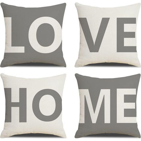 4er-Set Kissenbezüge (45 x 45 cm) „Love Home“ aus Baumwolle und Leinen, dekorativ, für Bett, Auto, Wohnzimmer, Schlafzimmer, Sofa und Garten (1/5)