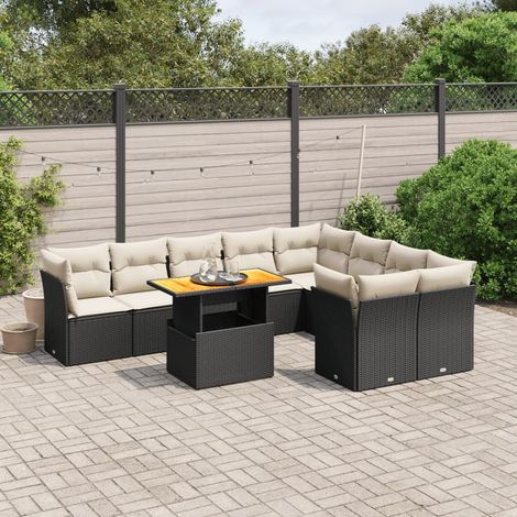 Ensemble Salon Jardin 10 Places Résine Tressée Noir avec Coussins Crème - Table Réglable Modulaire (1/3)