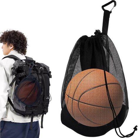 Sac à Ballon Sac en Maille Filet, avec Cordon de Serrage et Mousqueton, avec Poche Zippée, Portable, Réutilisable, pour Basket-Ball Football, Volleyball, Rugby, Handball (1/5)
