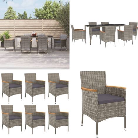 7-tlg. Garten-Essgruppe mit Kissen Grau Poly Rattan - Gartensessel - Gartentisch - Gartenmöbelset - Outdoor Möbel - Rattan Gartenmöbel - Home & Living