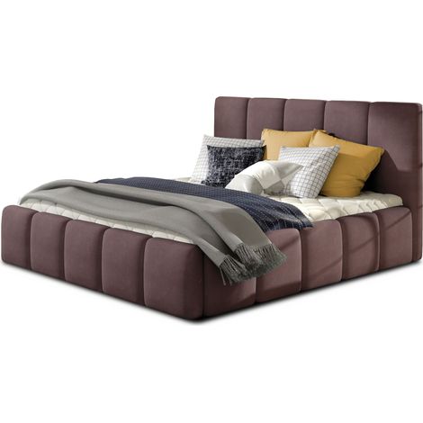 Lit adulte avec coffre de rangement Vika – Tissu capitonné-Marron-160x200 (1/5)