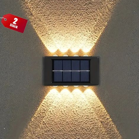 Lot de deux lampes solaires murales haut et bas huit LED étanches IP65 pour jardin et terrasse lumière blanche chaude (1/5)