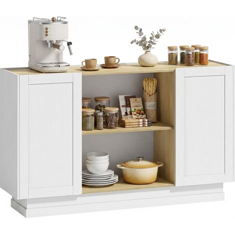 HOMCOM aparador moderno con 2 estantes abiertos, 2 puertas de cierre suave, para tv 60 pulgadas, para salón, comedor, 133x35x79,7 cm, natural y blanco (1/5)