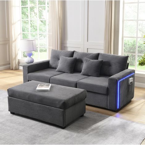 Divano modulare a L 98x51 cm grigio antico in corda con LED e pouf rimovibile (1/5)