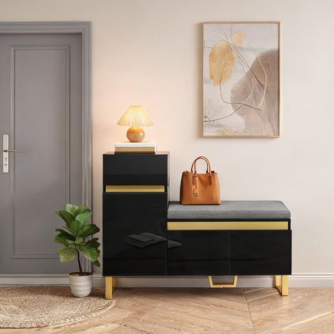 Meuble à chaussures en MDF noir avec banquette rembourrée (1/5)