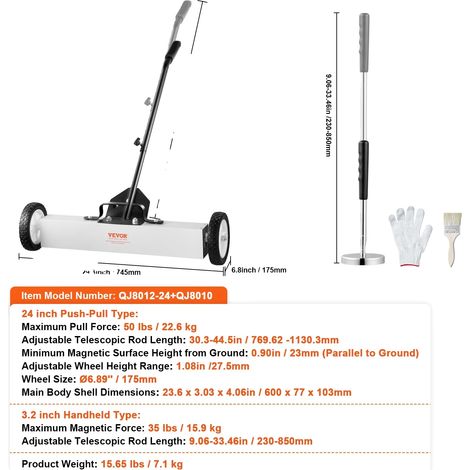 Balayeuse Magnétique, Tige Télescopique Réglable, Capacité de 25 kg, 24 3.2 pouce (1/2)