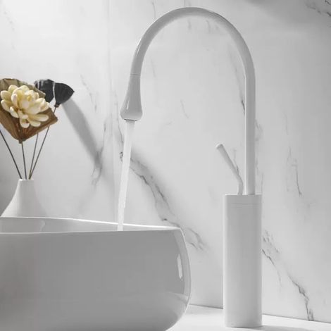 Robinet de Lavabo Blanc Mat Haut en Acier Inoxydable - Mitigeur Chaud/Froid Pivotant pour Vasque à Poser avec Flexible d'Alimentation Inclus (1/5)