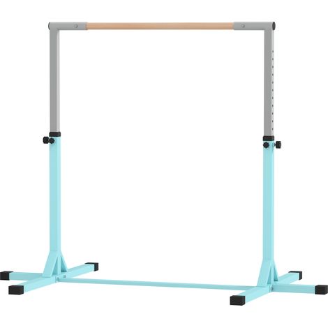 Barre fixe de gymnastique pour enfant, hauteur réglable 13 niveaux de 92-150 cm, en acier et bois en hêtre, cyan (1/5)