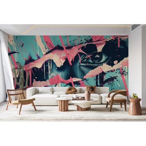 Papier peint graffiti - éclats de peinture rose et bleu - 150 x 250 cm (1/2)