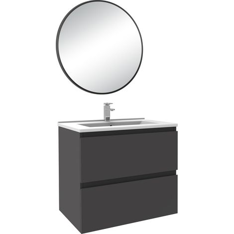 610mm Bathroom Cabinet Set Grey Vanity Unit with Basin 2 Drawers + Black Framed Round Mirror (1/5)