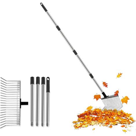 Râteau de jardin avec manche 160 cm 4 pièces – Râteau à feuilles en métal 21 dents 40 cm de large – Râteau de pelouse réglable en hauteur – Râteau de jardin stable pour feuilles, herbe, terre (1/5)