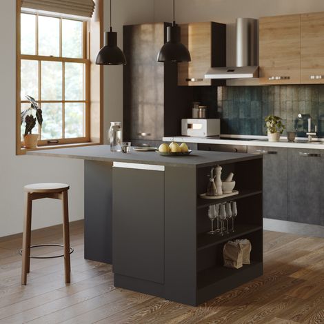 Ilot de cuisine central 160 cm anthracite mat/béton Solena (1/5)