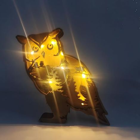 3D Animals Wooden Sculpture Ornament with LED Night Light, Wooden Crafts Luminous Forest Wolf Fox Bear Eagle Statue Decoration Gift for Living Room Bedroom Office Decor (Owl) (1/5)