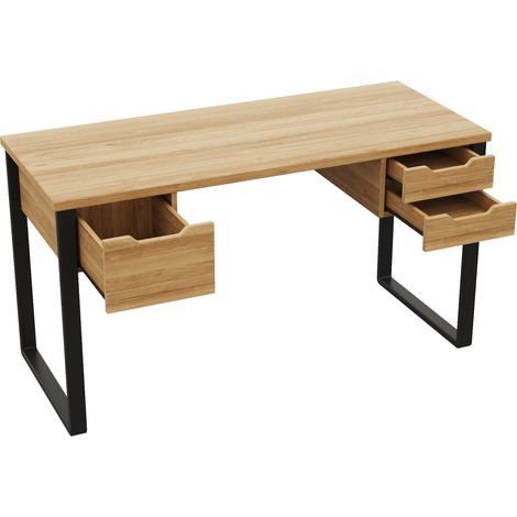 Bureau minimaliste en MDF et métal avec plateau mélaminé 130x55x76 cm, 3 tiroirs, couleur bois naturel et noir (1/5)