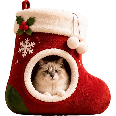 Maison de Noël pour chats – Une maison d'intérieur fermée, conçue spécialement pour les chats. Sa forme rappelle celle d'une chaussette de Noël. (1/5)
