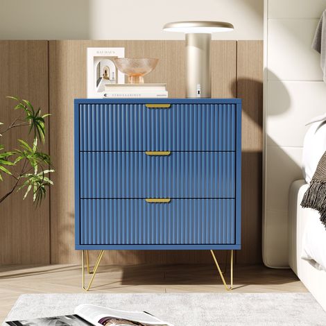 Table de chevet - Commode 3 tiroirs - 60x40x70 cm - Bleu Foncé - Métal Doré - Design Contemporain - Meuble de rangement pour chambre (1/5)