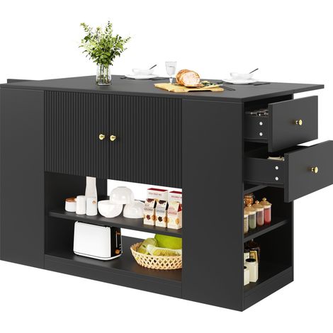 Isola da Cucina 140x40x90 cm, Piano Pieghevole Pranzo, Cassetti e Scaffali, Ampio Ripostiglio, MDF Nero, per Cucina (1/5)