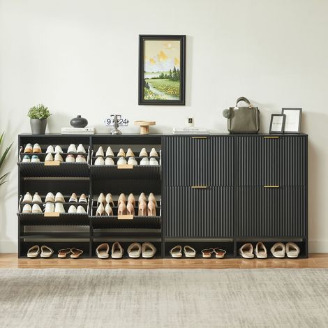 Meuble à chaussures 120 x 24 cm avec façade rainurée – réglable en hauteur avec dispositif anti-basculement et table décorative pour l'entrée, en noir (1/5)