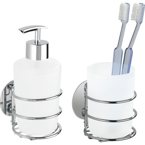 Wenko – Distributeur de savon mural Turbo-Loc chrome blanc 285 ml – Fixation sans perçage – Porte-brosse à dents et porte-gobelet inclus